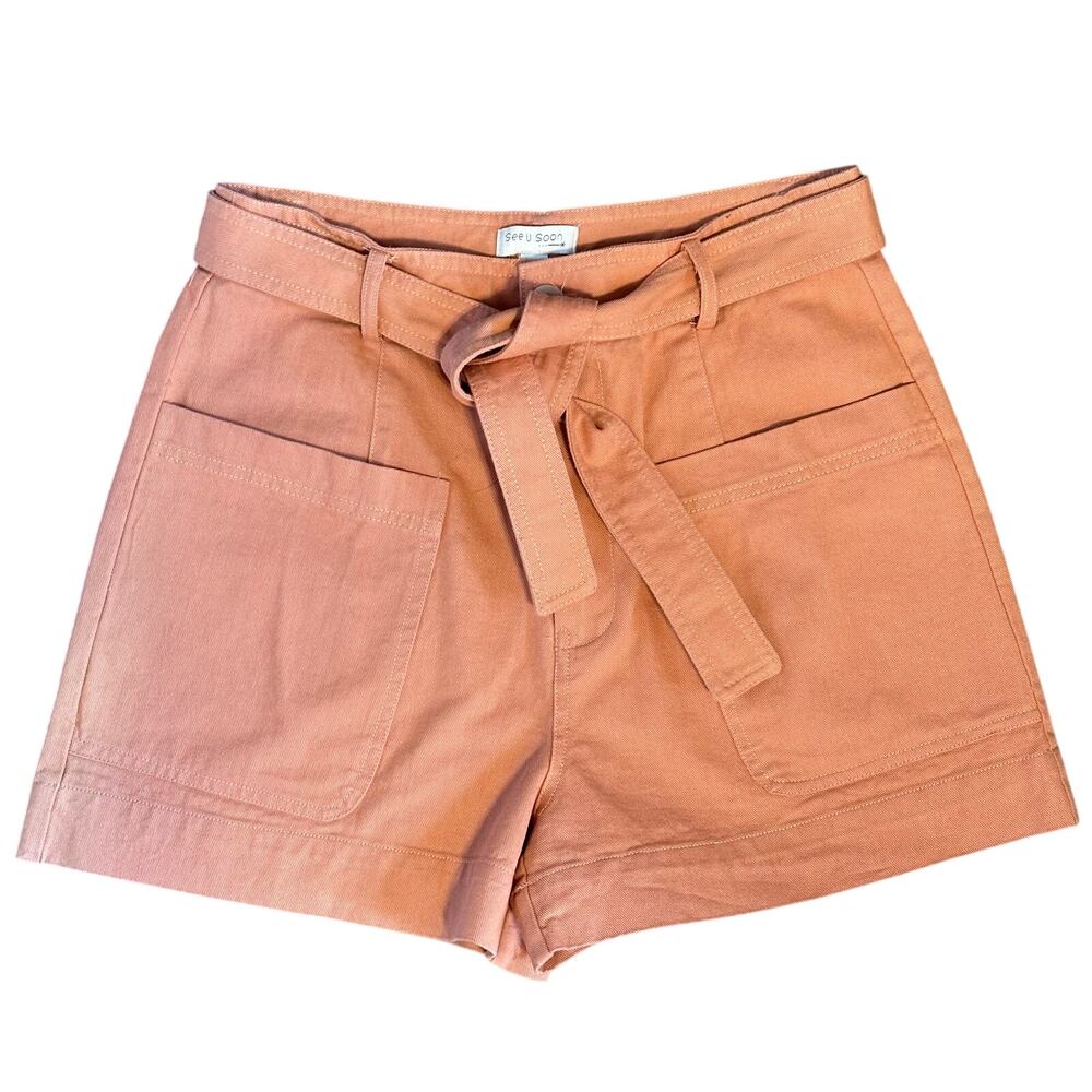 See U Soon NWOT Anthro Salmon Pink Ultra High Rise Belted Cotton Shorts Sz 6‎
